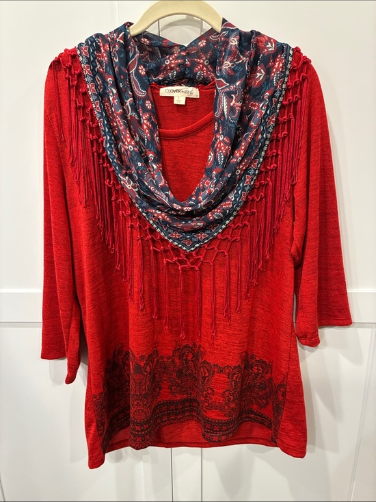 Clover + Pine Sweaters - CLOVER+PINE Red Fringe-Trim Neck Scarf Removable! Cowl Neck Sweater 3/4 Sleeve